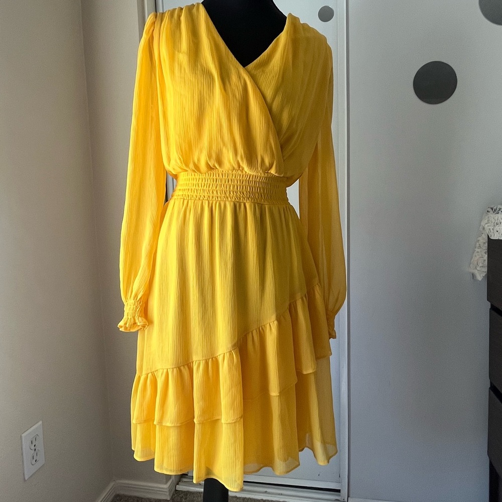 DKNY Yellow Tiered Wrap Sundress with Bishop Sleeves